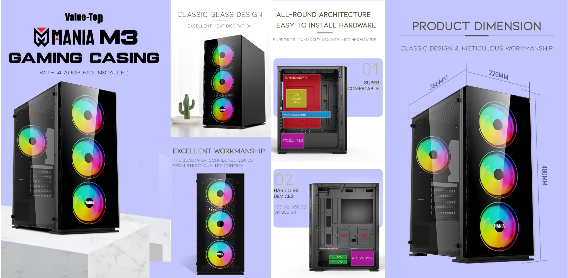 VALUE-TOP MANIA M3 ATX MID TOWER CASE With 4x12cm ARGB FAN, 1xUSB3.0 & 2xUSB2.0/FRONT & LEFT TEMPERED GLASS